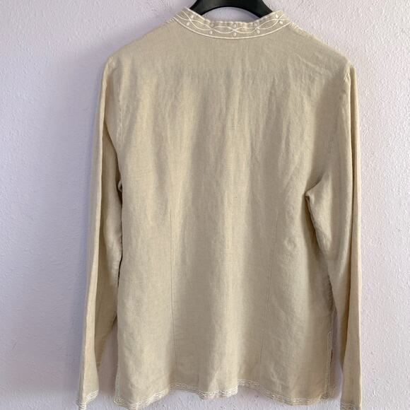 Charter Club Women Beige 100% Linen Embroidered Peasant Style Top Size 14 - Picture 6 of 8